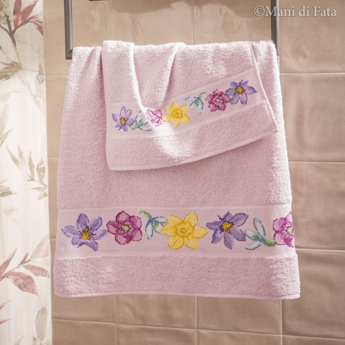 Kit punto croce con schema set asciugamani rosa 'fiori multicolor