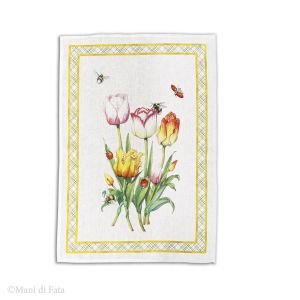 Strofinaccio in lino stampa tulipani cornice gialla