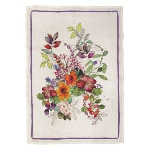 Strofinaccio in lino con fiori maui e cornice viola