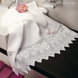 Lino per asciugamano bordo filet rose e cuori