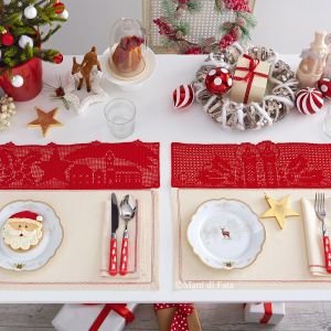 Misto lino avorio e occorrente filet per due tovagliette all'americana Natale