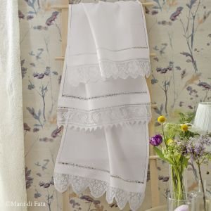 Lino per asciugamano bordo filet fiori