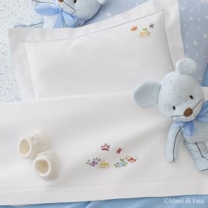 Cotone bianco disegnato per lenzuolino culla 'Fiori e Farfalle'