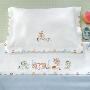 Cotone disegnato bianco per lenzuolino da lettino p/vari 'Orsetto che dorme'