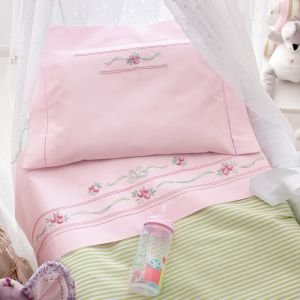 Cotone rosa disegnato per lenzuolino culla p/vari 'Roselline'