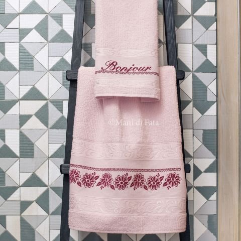 Schema punto croce parure asciugamani rosa 'Bonjour'
