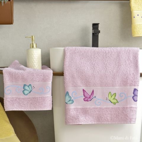 Kit punto croce parure asciugamani rosa 'Farfalle colorate'
