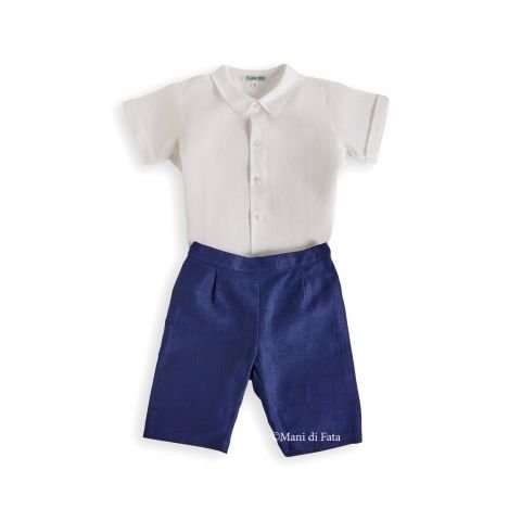Completo bimbo in lino camicia bianca e pantalone corto blu