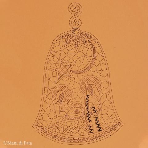 Cartone disegnato per campana con Presepe pizzo di Cantù