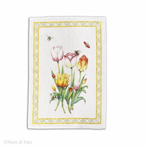 Strofinaccio in lino stampa tulipani cornice gialla