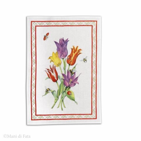 Strofinaccio in lino stampa tulipani cornice rossa