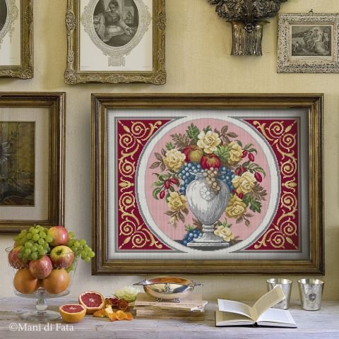 Schema mezzopunto per quadro con vaso di frutta e fiori