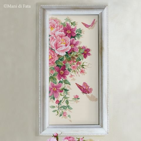 Schema punto croce per quadro con fiori rosa e farfalle
