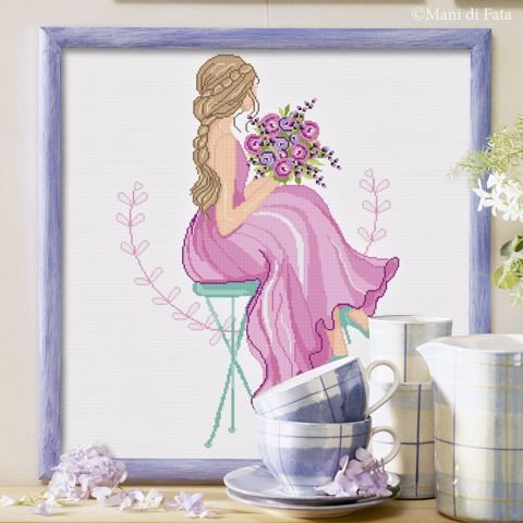 Schema punto croce per quadro donna con fiori