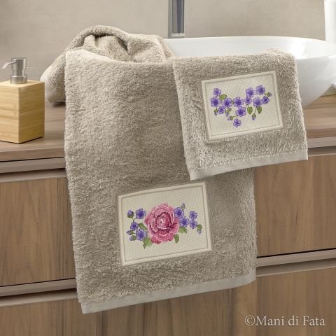 Schema punto croce parure asciugamani corda 'Rosa e violette'