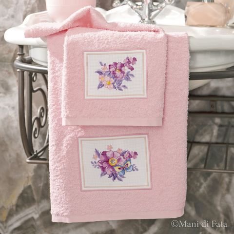 Schema punto croce parure asciugamani rosa 'Farfalla su fiori'