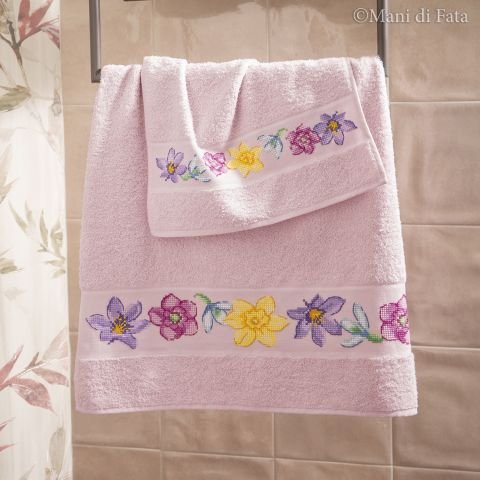 Schema punto croce parure asciugamani rosa 'Fiori multicolor'