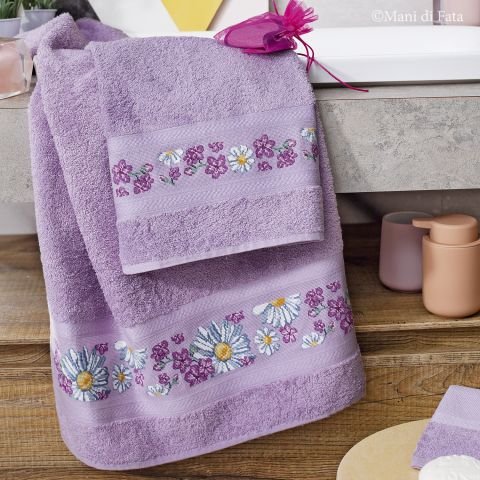 Schema punto croce parure asciugamani lilla 'Margherite e fiorellini'