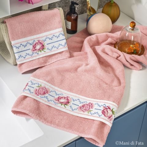 Schema punto croce parure asciugamani rosa antico 'Cornice con rose'
